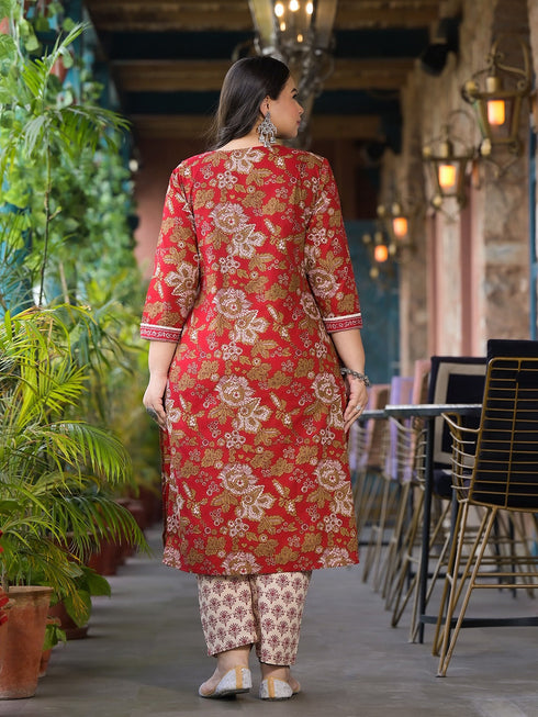 Women Plus Size Maroon Pure Cotton Kurta Set With Dupatta